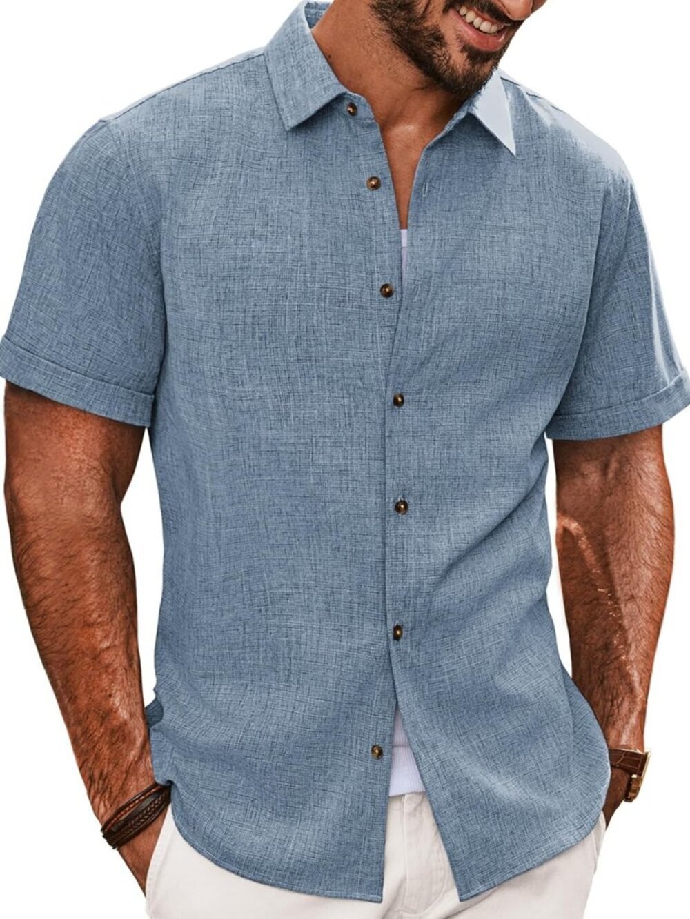 Men's Light Blue Casual Shirts Short Sleeve Button Down Lightweight Summer